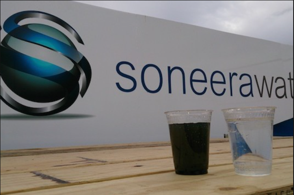 Untreated wastewater beside clean treated water, with the Soneera Water logo